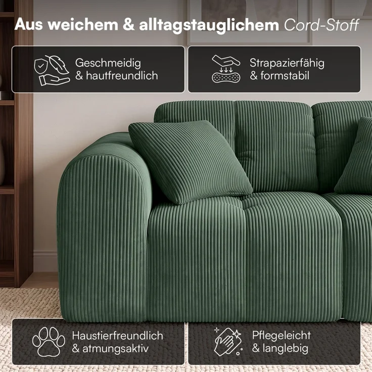 skølm 'Vanaheim' Sofa 2 Sitzer mit 2 Kissen, Cloud Sofa dunkelgrün, Cord, Vollschaumcouch mit Federkern und Vakuum-Kompression, kein Aufbau erforderlich – Bild 7