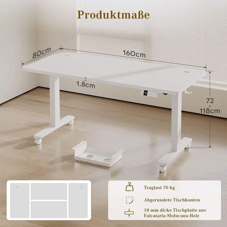 Devoko Elektrisch Höhenverstellbarer Schreibtisch Holzwerkstoff und Metall Weiß 160 x 80 x 72-118 cm – Bild 8