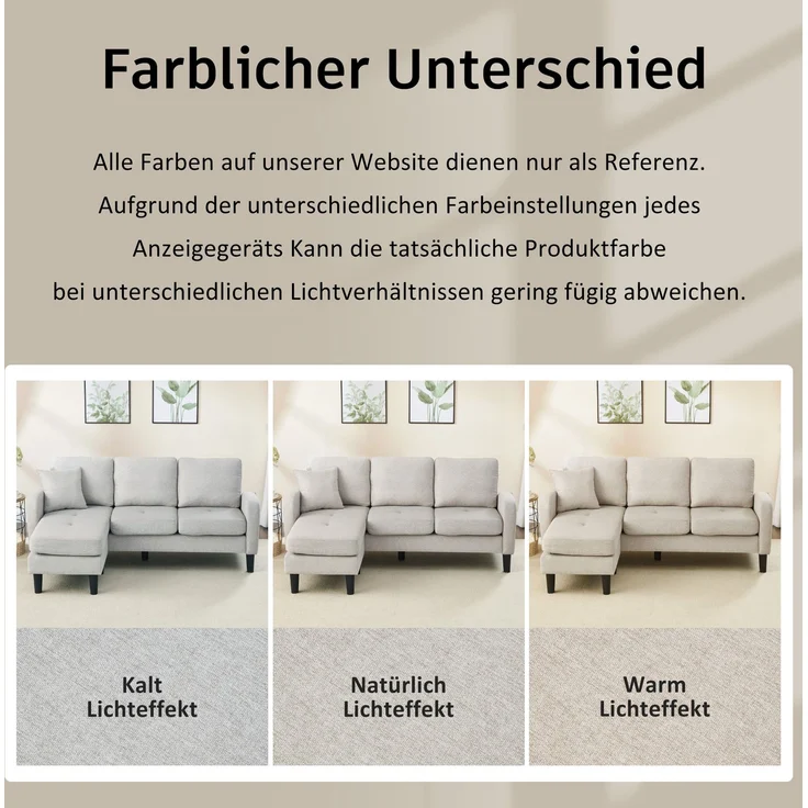 EINHOM L-förmiges Ecksofa mit Chaiselongue – 3-Sitzer Sofa, 166 x 118 x 77 cm, Atmungsaktiver Baumwoll-Leinenstoff, Kunststoffbeine, Modulares Design, Ideal für Wohnzimmer, Apartments und Büros – Bild 5