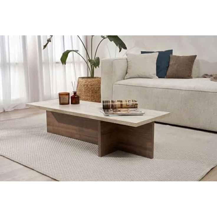 Hanah Home Stilvoller Couchtisch, 120 cm breit, 30 cm hoch, 45 cm tief | 100% melaminbeschichtet, 25 mm stark | Oberfläche in Travertin und Mailänder Nussbaum, langlebig und elegant – Bild 4