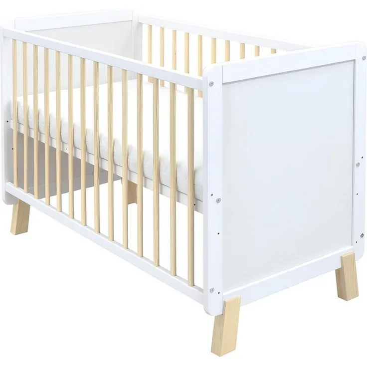 Baby-Delux Babybett Lou Weiß Kiefernholz Schutzgitter, Kinderbett 60x120 umbaubar Matratze