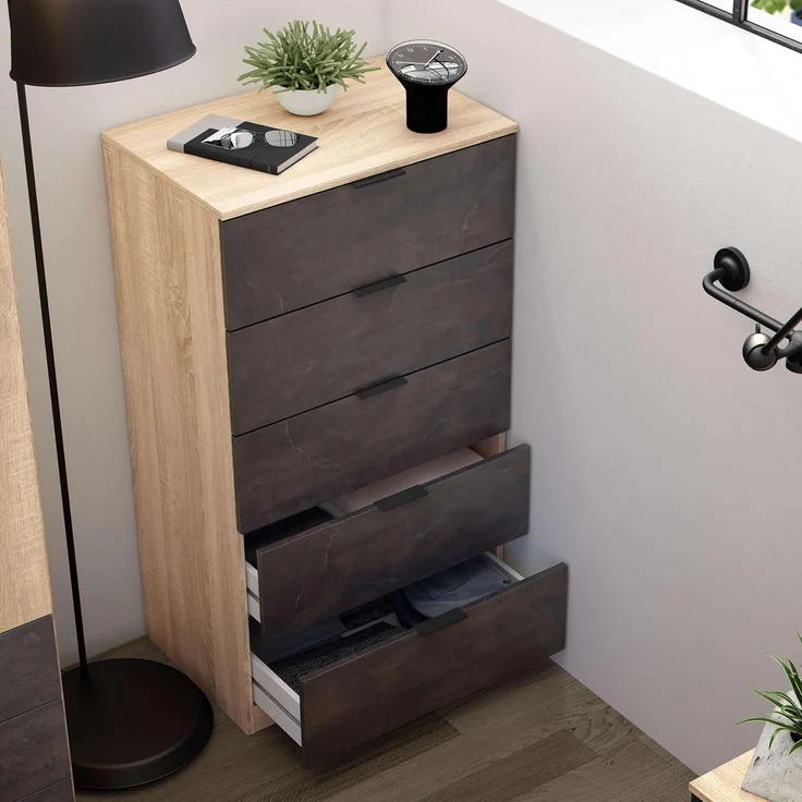Habitdesign, Kommode mit 5 Schubladen – moderner Sinfonier in Eiche & Rostoptik, platzsparender Schubladenschrank für Schlafzimmer oder Büro, Maße: 60 x 110 x 40 cm (B x H x T), Modell Alaya – Bild 2