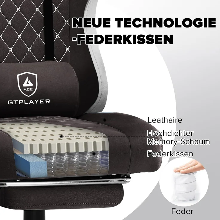 GTPLAYER Gaming Stuhl Ergonomischer Gaming Sessel Schreibtischstuhl mit Stoffoberfläche, Federsitzkissen, Verbindungsarmlehnen und Fußstütze braun – Bild 4