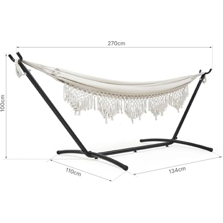 Mondeer Hängematte mit Gestell für 2 Personen - Verstellbare Doppelhängematte im Boho-Stil mit Getränkehalter & robustem Eisengestell, für Terrasse, Garten und Hof, Beige – Bild 4