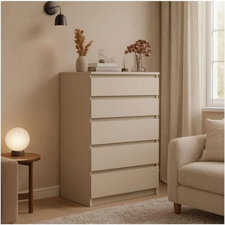 CDF Kommode Malwa M5 | Farbe: Kaschmir (beige) | Schrank für Dokumente, Kleinigkeiten | Ideal für Wohnzimmer, Schlafzimmer, Kinderzimmer, Jugendzimmer | 5 geräumige Schubladen – Bild 3
