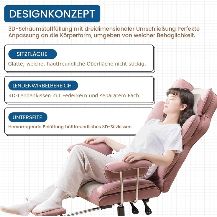 GTPLAYER Gaming Stuhl, Gamer Stuhl, Ergonomischer Bürostuhl mit Fußstütze, Stoffoberfläche, Federsitzkissen, Gaming Chair Gepolstert, Gaming Sessel 180kg Belastbarkeit Rosa – Bild 6