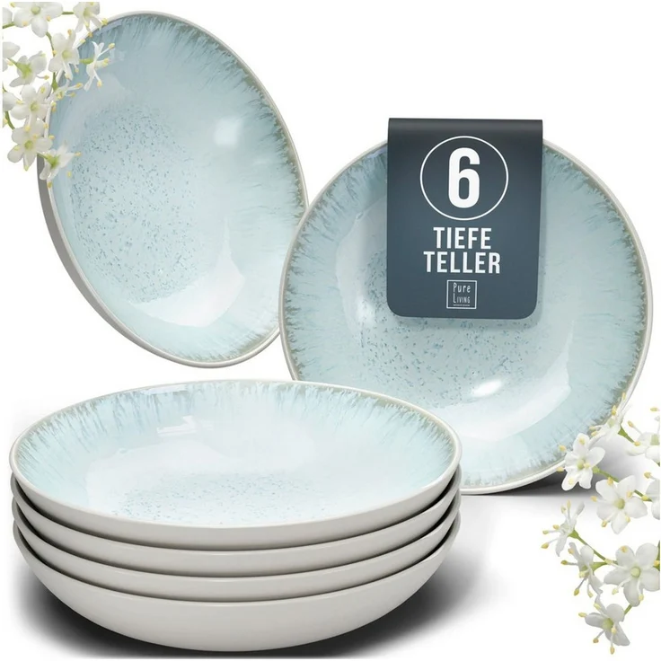 PURE LIVING INTERIOR DESIGN Geschirr-Set Ibiza, 6er-Set Suppenteller, 20 cm, Riffelstruktur, Beige Blau (6-tlg), 6 Personen, Steingut – Bild 1