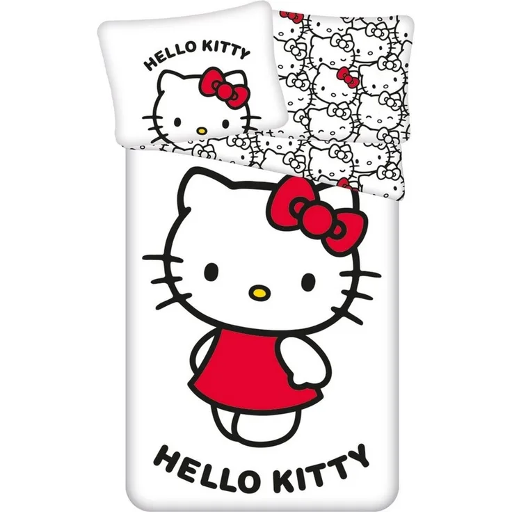 Sarcia. eu Kinderbettwäsche HELLO KITTY Weiß, BEIDSEITIG Kinder Baumwollbettwäsche 140x200+70x90cm