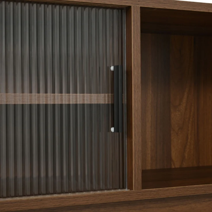 Flieks Küchenbuffet 117 x 30 x 170 cm mit 4 Riffelglas-Schiebetüren, Lochplatten-Rückwand, 2 Schubladen und offenen Fächern, Walnussfarben – Bild 10