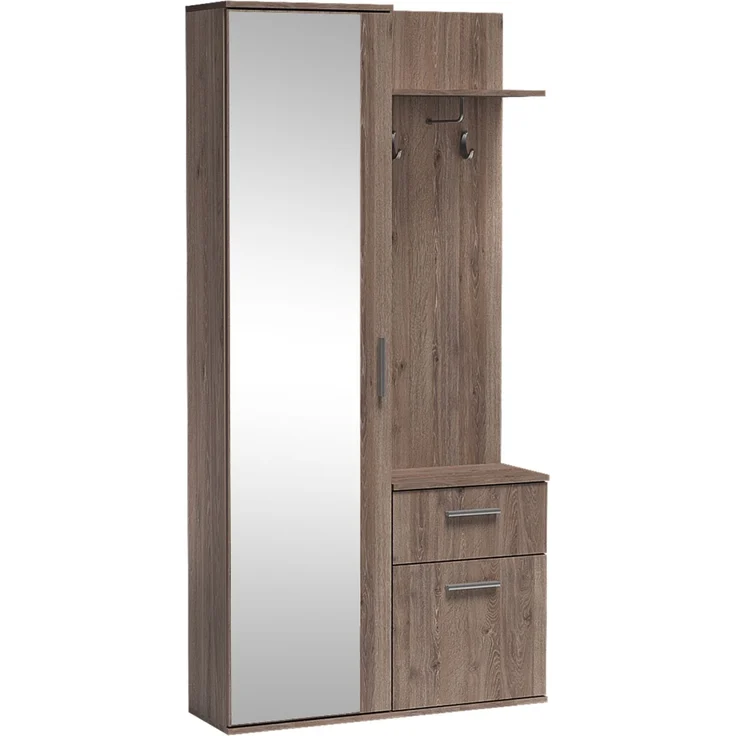 MEBLINI Garderobenschrank LUXOR 97cm - Trüffeleiche - mit Spiegel - 97x30x195cm R/L - Garderobe Schrank - Flurgarderobe schmal - Garderobe Flur Möbel Set - Flurschrank hoch – Bild 1