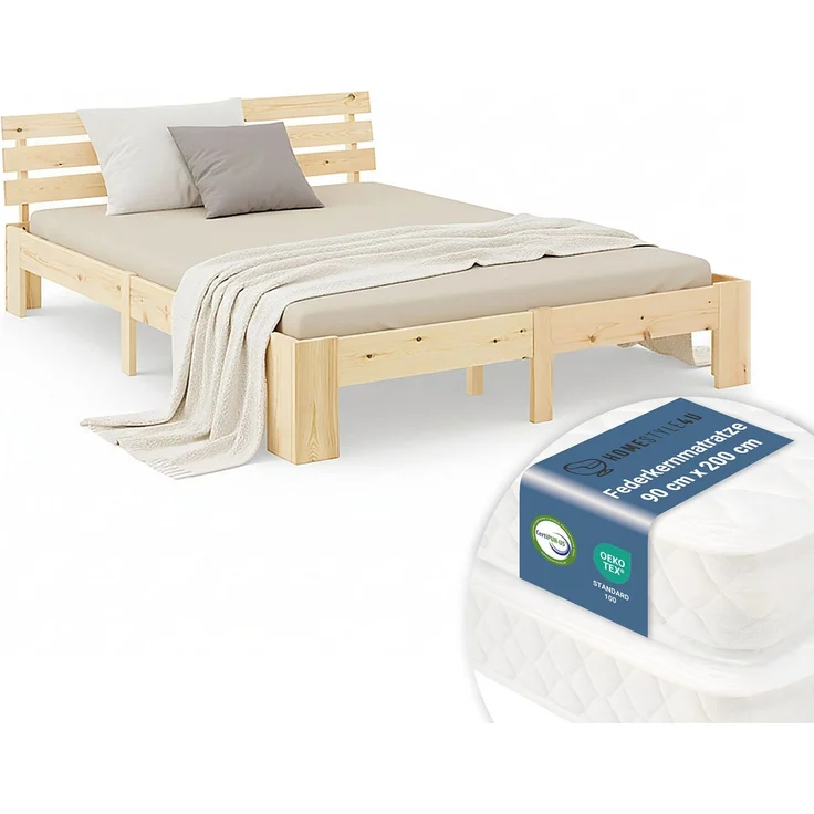 Holzbett mit 2 Federkernmatratzen 180x200 Jugendbett Doppelbett Bett Holzbettrahmen Natur Massiv Holz Lattenrost – Bild 1