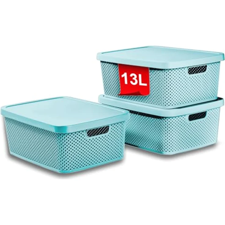 astor24 Aufbewahrungsbox 3er Set Aufbewahrungskorb mit Deckel Box Kiste Regalkorb Organizer (3er Set, 3er Set 13 Liter Aufbewahrungskörbe mit Deckel in aquamarin), erhältlich in 4 Größen und verschiedenen Farben – Bild 1