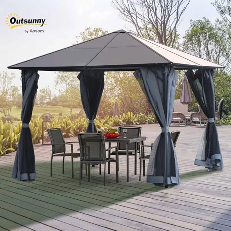 Outsunny Pavillon 3 x 3m, Gartenpavillon mit PC Dach und Seitenteilen, pulverbeschichtetes Aluminium, dunkelgrau – Bild 2