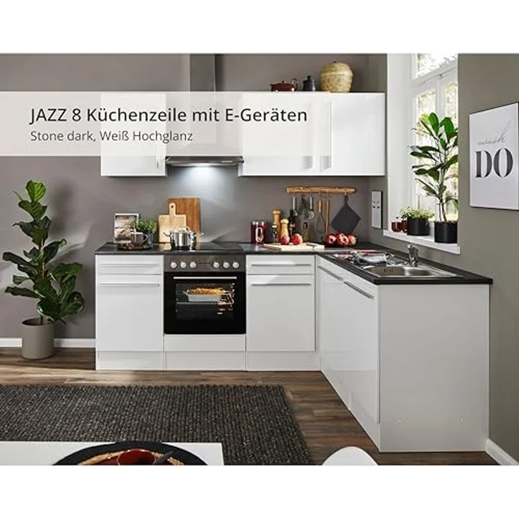 Jazz 8 Moderne Eckküche ohne Elektrogeräte in Weiß Hochglanz, Metallic Grau - Geräumige Küchenzeile in L-Form mit viel Stauraum - 220 x 211 x 60 cm (B/H/T) – Bild 6