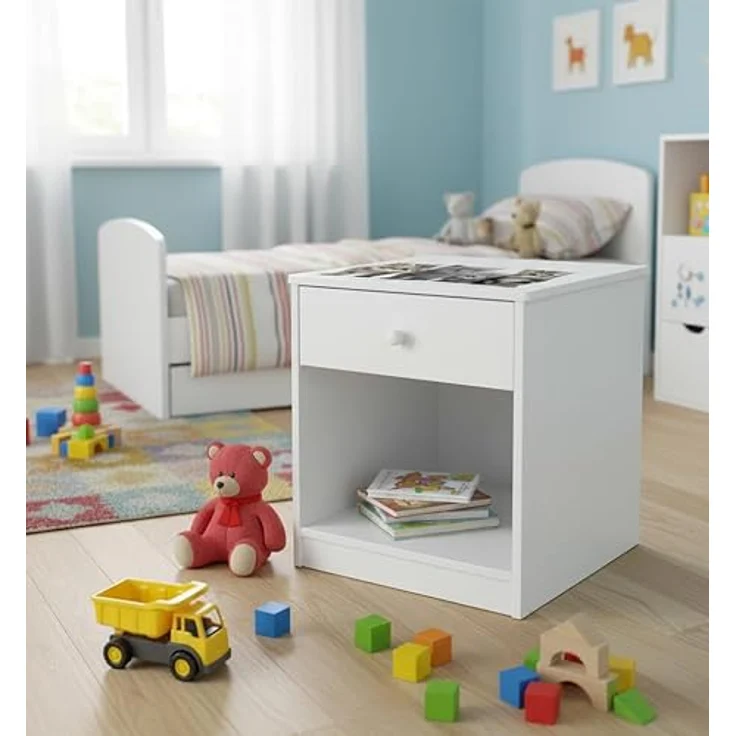 Weiß Nachttisch aus Holz - Katzen - Nachtschrank mit Schublade für Kinder – Bild 3