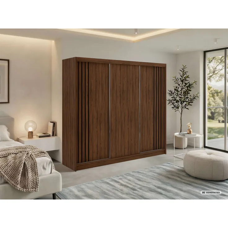 Schwebetürenschrank NAURU mit Lamellen-Optik, moderner Kleiderschrank, Breite 240 cm, inkl. Innenausstattung & Stauraum, Akustikpaneel-Design - Warmia-Nuss und Schwarz