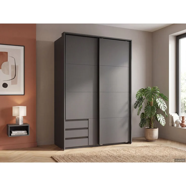 Schwebetürenschrank 2tg Kleiderschrank 138cm Grafit Außenschubladen Passepartout – Bild 3