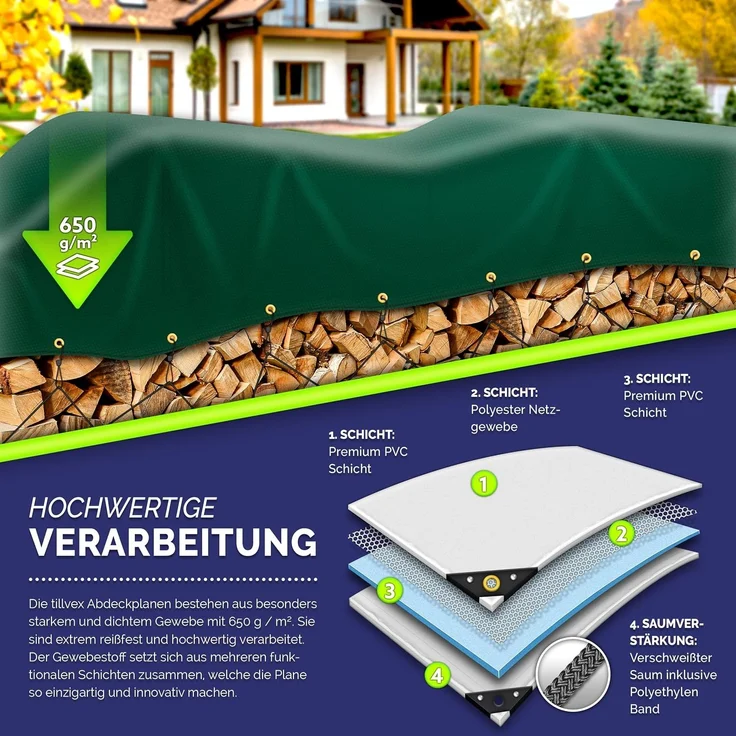 tillvex® Abdeckplane Grün 3x6 m mit Ösen + 10 Haken & 15m Seil | Gewebeplane 650g/m² Wasserdicht & Reißfest | Premium PVC-Plane Universell LKW, Pool, Holz Gartenmöbel | Gartenplane Abdeckung – Bild 3