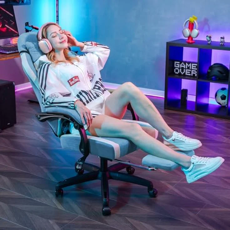 GTPLAYER Gaming Stuhl Ergonomischer, PC Stuhl Atmungsaktiver Stoff, Groß und Hoch Drehbarer Schreibtischstuhl mit Fußstütze,Verstellbare Lendenwirbelstütze und Kopfstütze,Hellblau – Bild 11