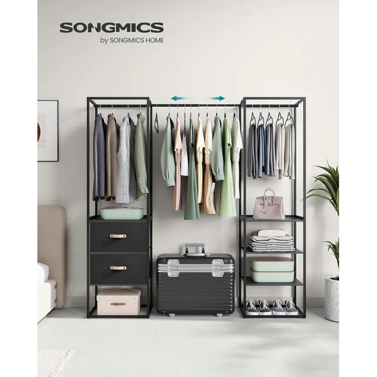 Songmics Kleiderschrank Kleiderständer hochbelastbar, 2 Schubladen, 4 Ablagen, schwarz