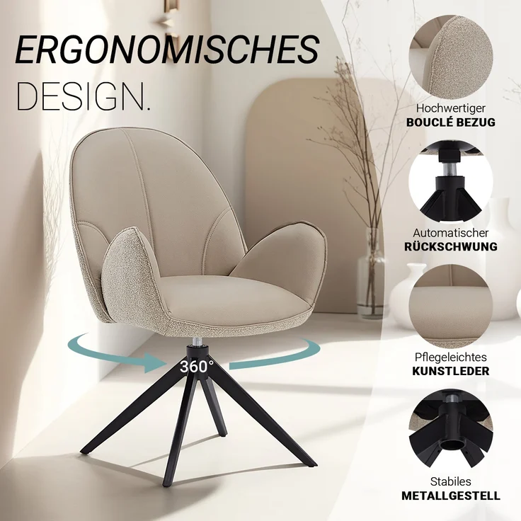 Esszimmerstuhl Drehbar Polsterstuhl mit Armlehne Bouclé Leder Beige Drehstuhl Esszimmer Sessel Modern Armlehnenstuhl – Bild 4