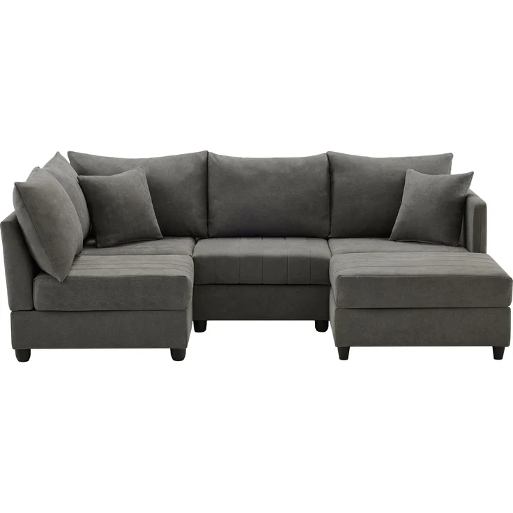 ZUBALIYA Modulare Wohnlandschaft, modular kombinierbar, mit Hocker, H 85 × T 194 × B 220 cm, Grau, Leinenoptik – Bild 14