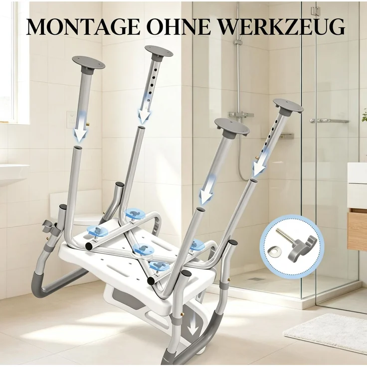 Duschstuhl aus Aluminium mit Rückenlehne & höhenverstellbarem Sitz, 56,5x53,5x74-87 cm, Hellgrau – Bild 7