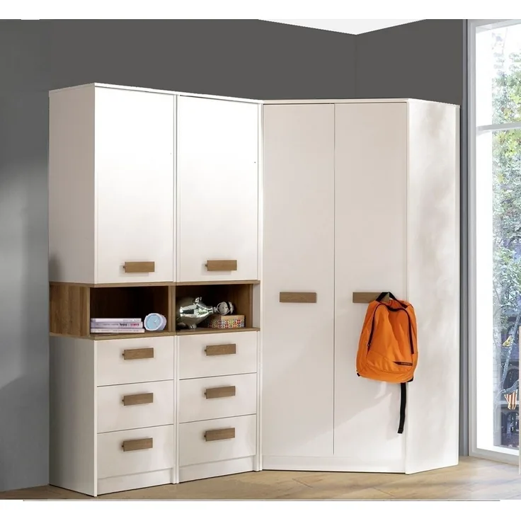 Marmex Möbel Grant 17 Ein Garderoben-Set, Mehrzweckschrank-Set ,Flur, Schlafzimmer, Eckschrank-Set, laminierte Spanplatte, weiß+riviera Eiche, 143x195x143 cm