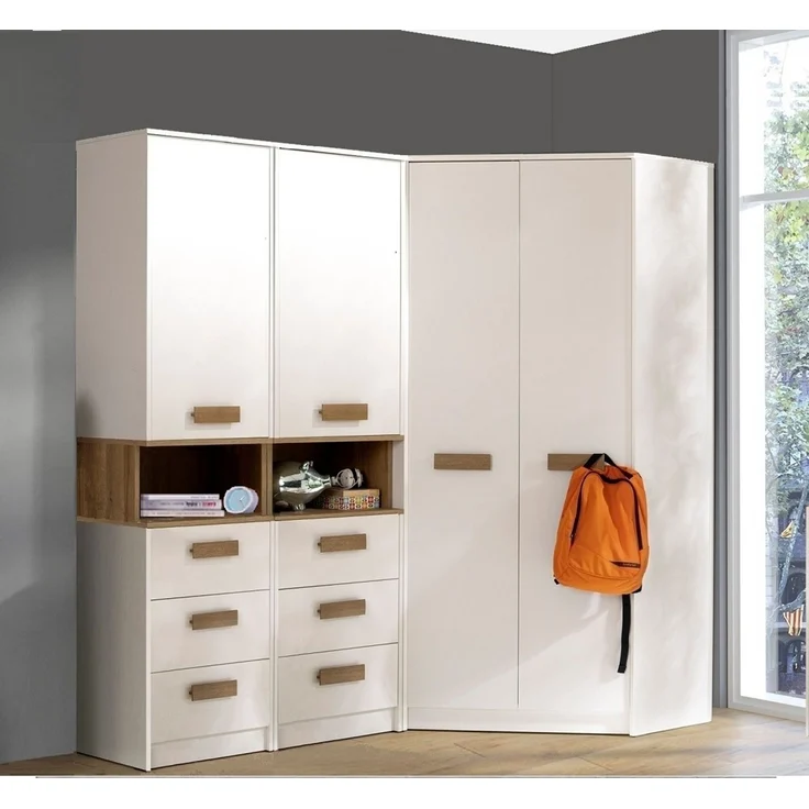 Marmex Möbel Grant 17 Ein Garderoben-Set, Mehrzweckschrank-Set ,Flur, Schlafzimmer, Eckschrank-Set, laminierte Spanplatte, weiß+riviera Eiche, 143x195x143 cm – Bild 1