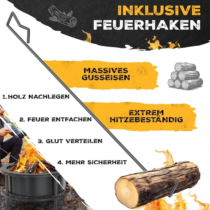 KESSER® Feuerschale mit Grillrost Ø65cm Feuerkorb 0,6mm Kaltveredelter Stahl | mobile Feuertonne mit Reifen | Holz & Kohle Feuerstelle inkl. 60cm Feuerhaken aus Gusseisen, Ø52cm, Bürste & Cover Schwarz – Bild 5