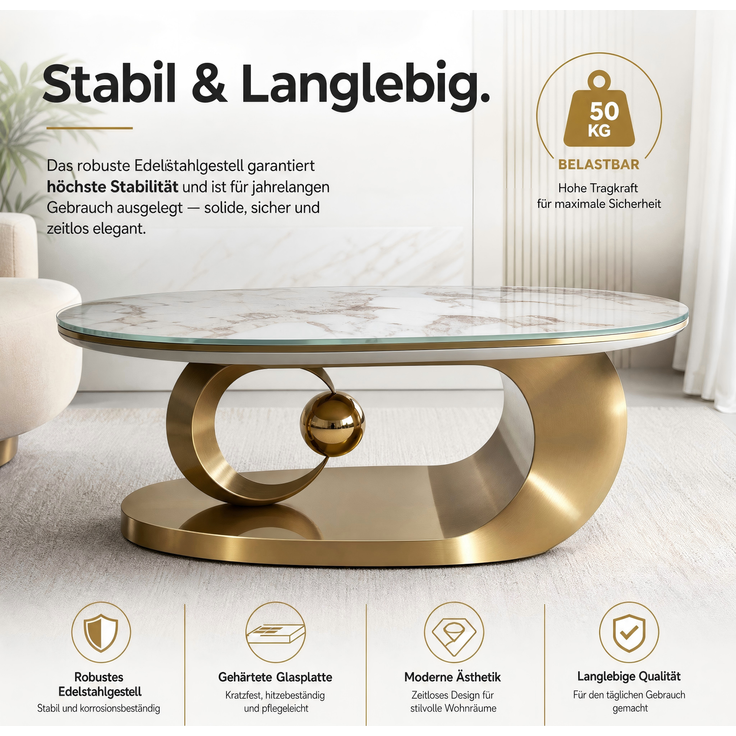 EINHOM Luxuriöser Ovaler Couchtisch mit Weißer Marmoroptik-Tischplatte, Moderner Sofatisch für Wohnzimmer mit Goldenem Edelstahlgestell und Eleganter Glasoberfläche, Stilvoller Kaffeetisch für Wohnräume – Bild 4