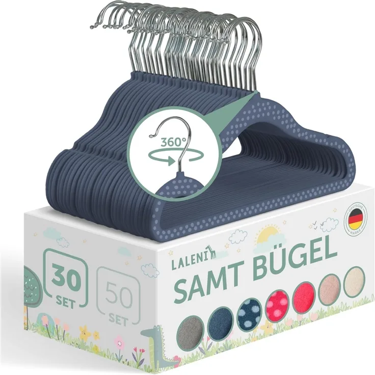 Laleni Kinderkleiderbügel 30 Stück mit Samtbezug - platzsparende Kleiderbügel Kinder - 360° drehbare Kinder Kleiderbügel - rutschfeste Kleiderbügel Kinder samt - Babykleiderbügel Dunkelblau gepunktet