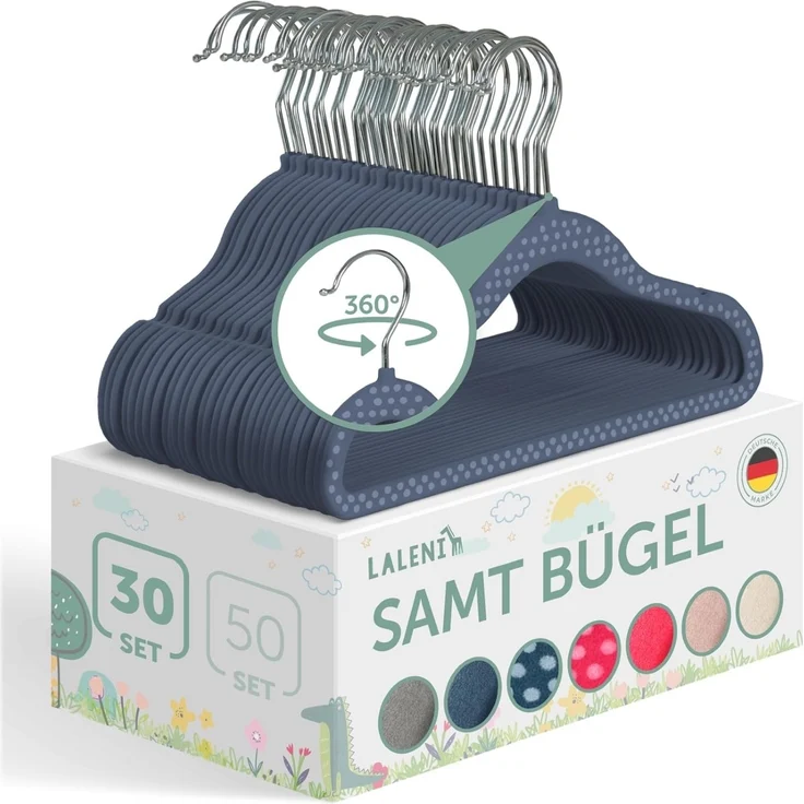 Laleni Kinderkleiderbügel 30 Stück mit Samtbezug - platzsparende Kleiderbügel Kinder - 360° drehbare Kinder Kleiderbügel - rutschfeste Kleiderbügel Kinder samt - Babykleiderbügel Dunkelblau gepunktet