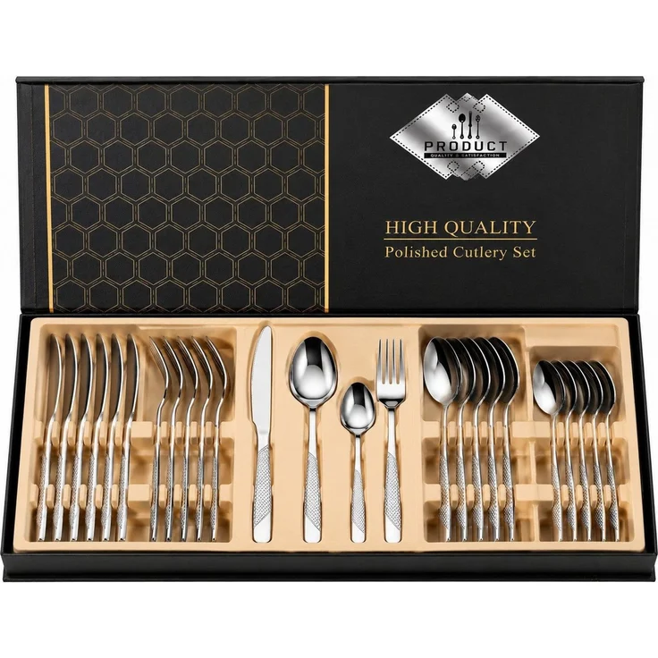 Forrlite Besteck-Set Besteck Set 24-teilig Edelstahl Besteckset,modernes Silber Essbesteck, 6 Personen, mit Messer, Gabel, Löffel & Teelöffel, spülmaschinenfest, Geschenkbox – Bild 2
