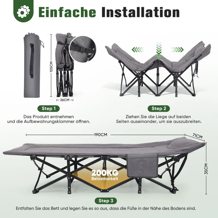 Sekey Feldbett Klappbar Gartenliege mit Matratze Campingbett bis 200 kg, Gästebett Faltbar Campingliege – Bild 7
