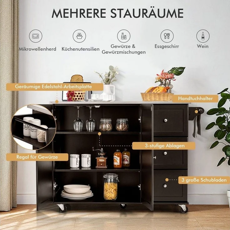 COSTWAY Küchenwagen, mit 3 Schubladen, Arbeitsplatte & verstellbarer Ablage – Bild 2