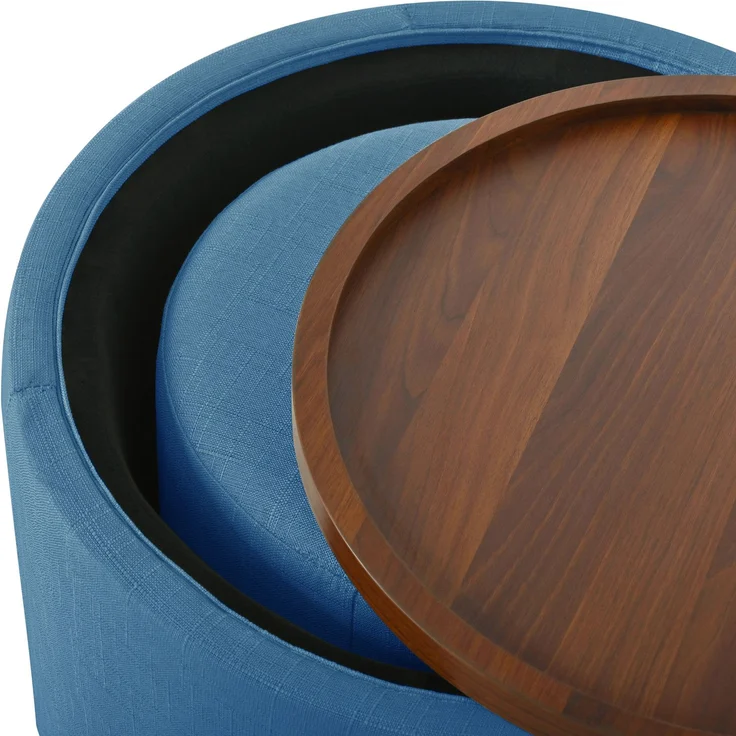 Hocker-Set, 2-teilig, 38x58x58 cm, Leinen Blau, Stauraum & Holztablett – Bild 10