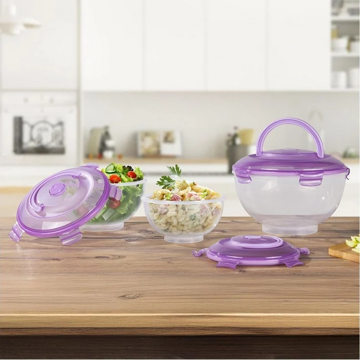 Gravidus Salatbox Salatschüssel Set 3-teilig mit Tragegriff lila Deckel Polypropylen, Polypropylen, Silikon – Bild 1