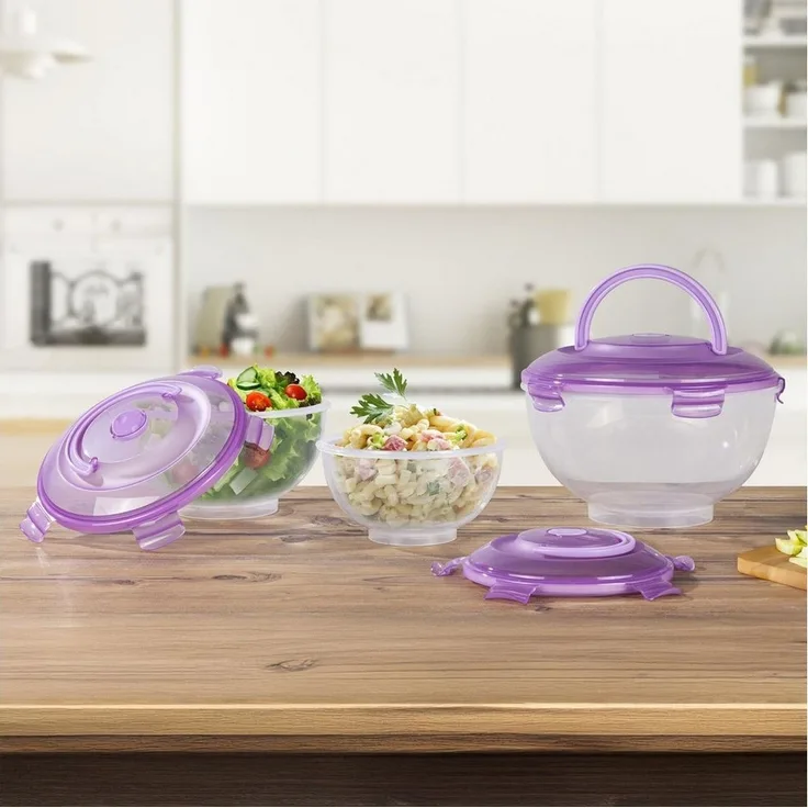 Gravidus Salatbox Salatschüssel Set 3-teilig mit Tragegriff lila Deckel Polypropylen, Polypropylen, Silikon