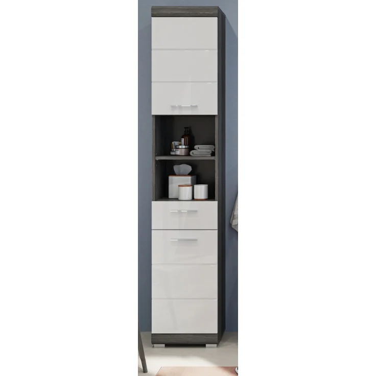 Badezimmer Hochschrank Shawn in weiß Hochglanz und Rauchsilber grau 37 x 191 cm – Bild 2
