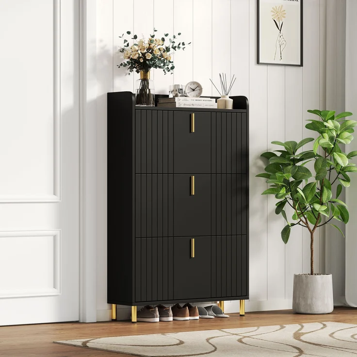 Schuhschrank 80x23x123,5 cm mattschwarz gold Metallfüße 3 Türen verstellbare Böden – Bild 2