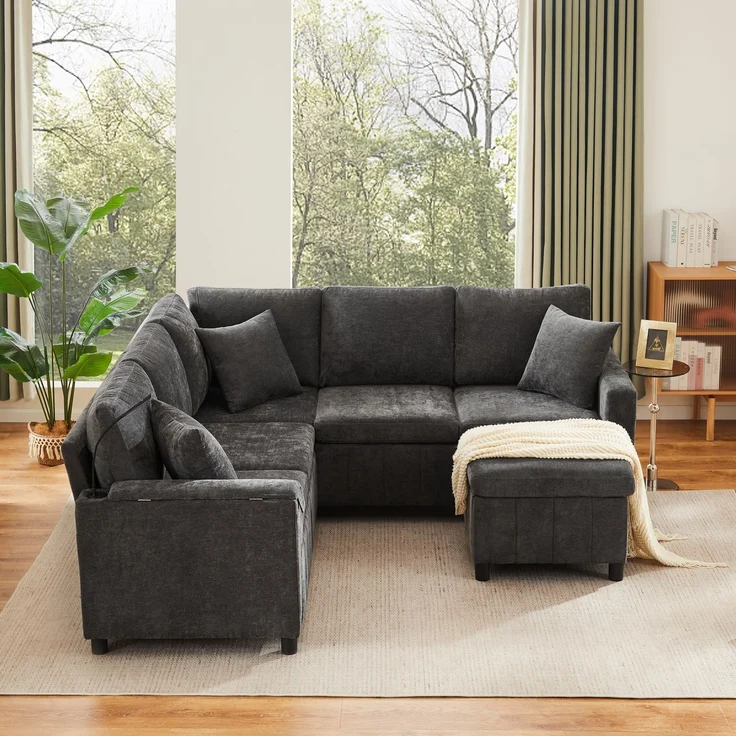 Merax Chenille-Ecksofa, 205cm L-förmiges Sofa mit Schlaffunktion, Ausziehsofa mit Hocker, Leselampe, USB&Type-C, Ausgestattet mit verstecktem Tisch, Ausklappbarer Couchtisch mit zwei Getränkehaltern, Grau – Bild 3