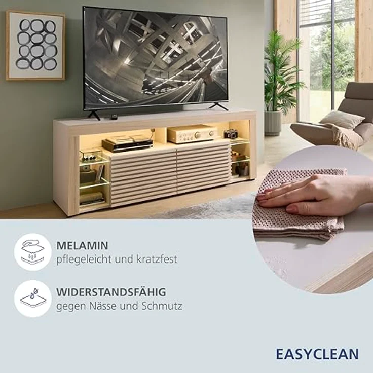Goal 2 TV-Lowboard mit LED-Beleuchtung in Kaschmir, Riva Eiche Optik - TV Schrank mit viel Stauraum für Ihr Wohnzimmer - 179 x 67 x 44 cm (B/H/T) – Bild 7