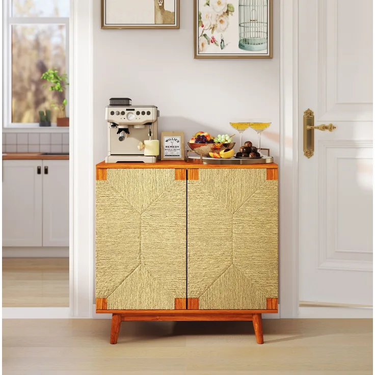 DESVIAE Sideboard Braun aus Holzwerkstoff – 79x78x39,5 cm – Papierseil-Flechtung, verstellbarer Einlegeboden