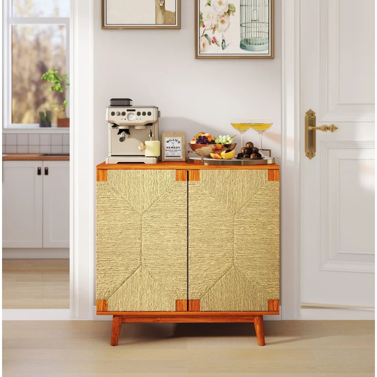 DESVIAE Sideboard Braun aus Holzwerkstoff – 79x78x39,5 cm – Papierseil-Flechtung, verstellbarer Einlegeboden – Bild 1