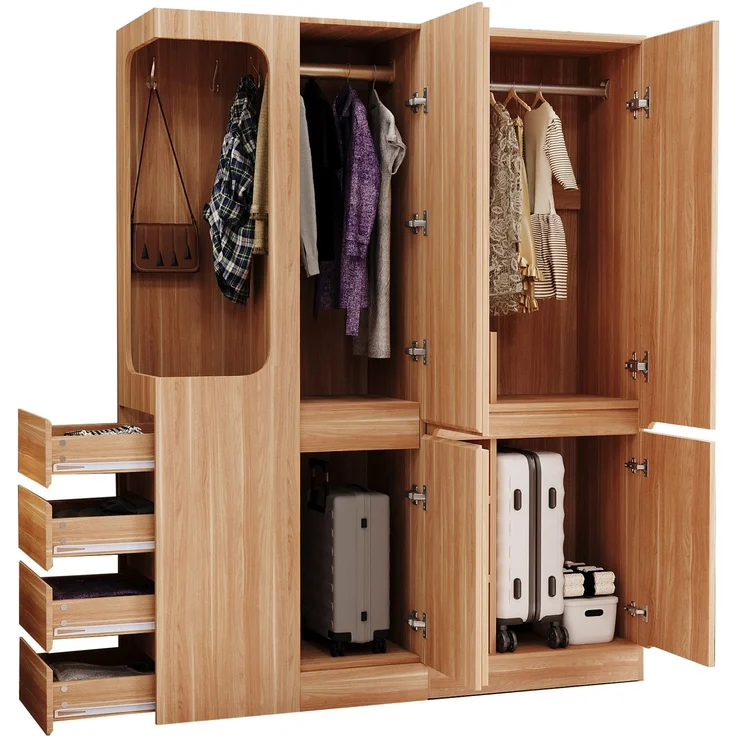 CHICFURN Kleiderschrank 140x170x40 cm aus Holz mit Schubladen und offenem Hängebereich Naturholz – Bild 7