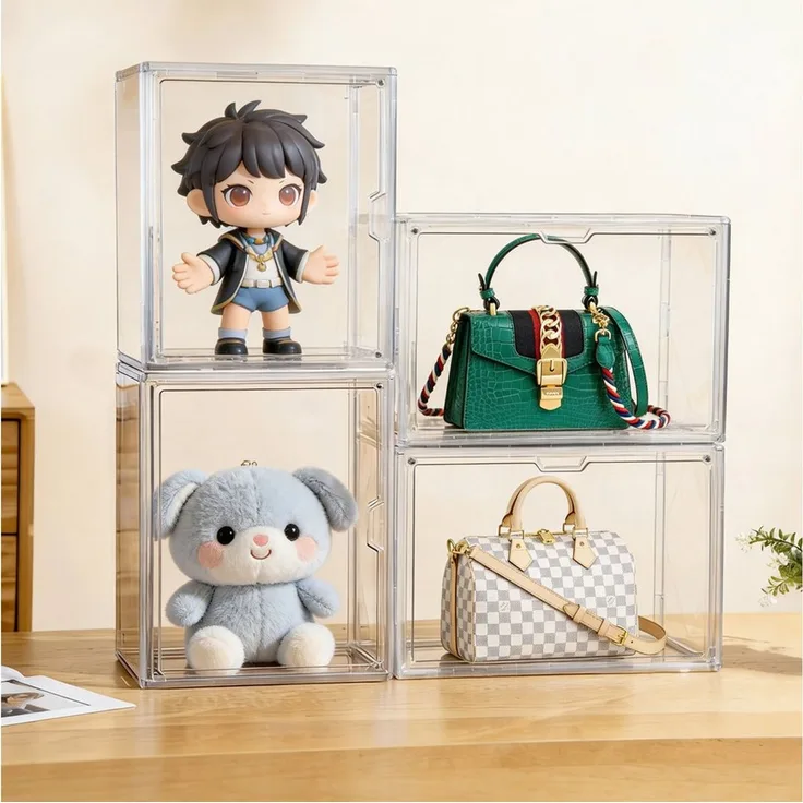XIIW Vitrine 4X Handtaschen Aufbewahrung Organizer Transparente Kunststoff (Stapelbare Displaybox mit Magnetischer Tür, Taschen-Organizer, Aufbewahrungsschubladen, Schuh Aufbewahrungsboxen für Schrank, Spielzeug-Organisation und Ausstellung (36 x 27 x 22 cm...