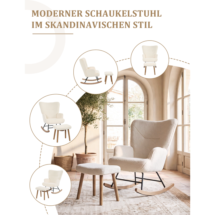 GOEURVANT 5006 Schaukelstuhl mit Hocker (Relaxsessel, Ohrensessel), Teddy-Stoff - Creme – Bild 10