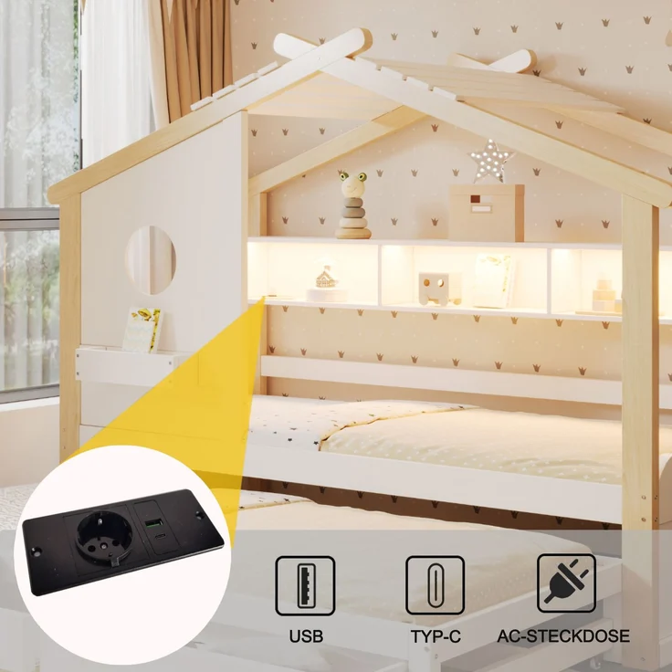 Merax Kinderbett, Jugendbett, 90x200cm, mit Ausziehbett 90x190cm, mit 2 Schubladen, mit USB- und Typ-C-Ladeanschlüssen und LED, mit Einlegeböden, Weiß + Natur – Bild 5