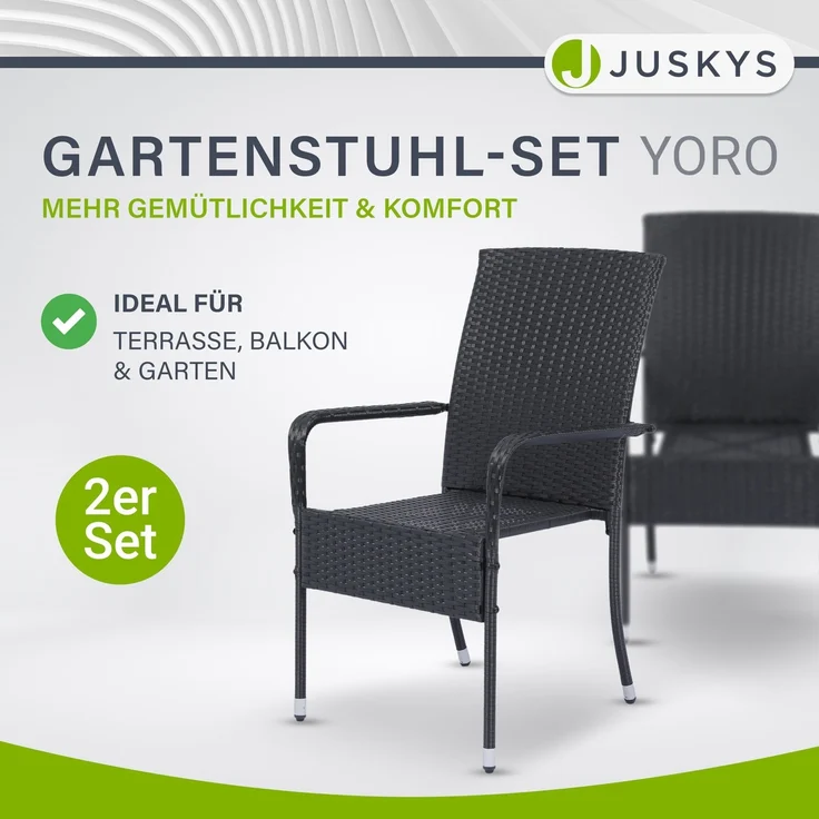 Juskys Polyrattan Gartenstühle Yoro 2er Set - mit Armlehnen & Rückenlehne - 2 Stühle stapelbar - Rattan Stuhl Garten - Stapelstuhl Schwarz – Bild 2